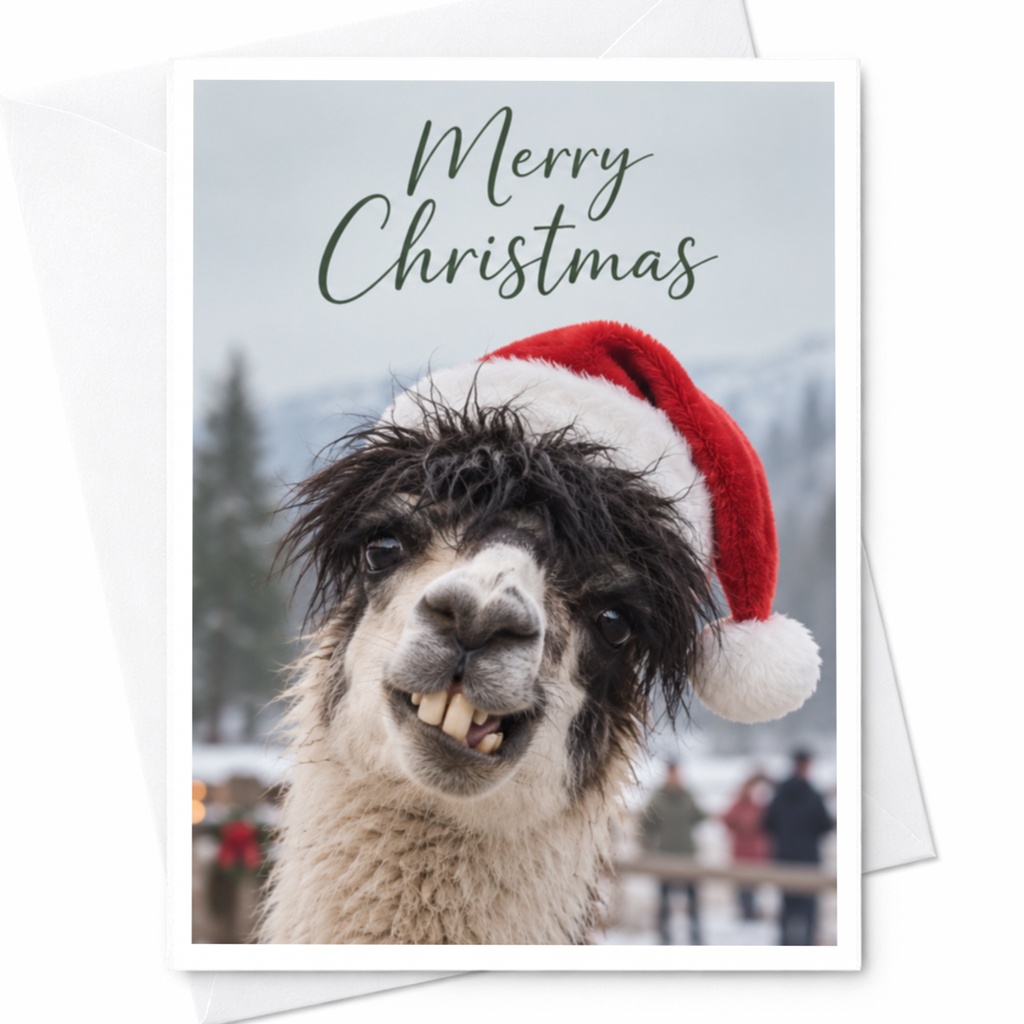 Merry Christmas Funny Llama Card Cute Animal Holiday Greeting Card Santa Hat Christmas Card For Animal Lover C8074