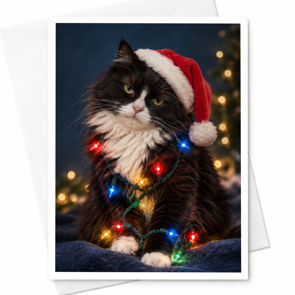 Cat Christmas Card Cute Holiday Greeting Card Santa Hat Lights For Cat Lover Festive Animal Card Funny Christmas Card C8088