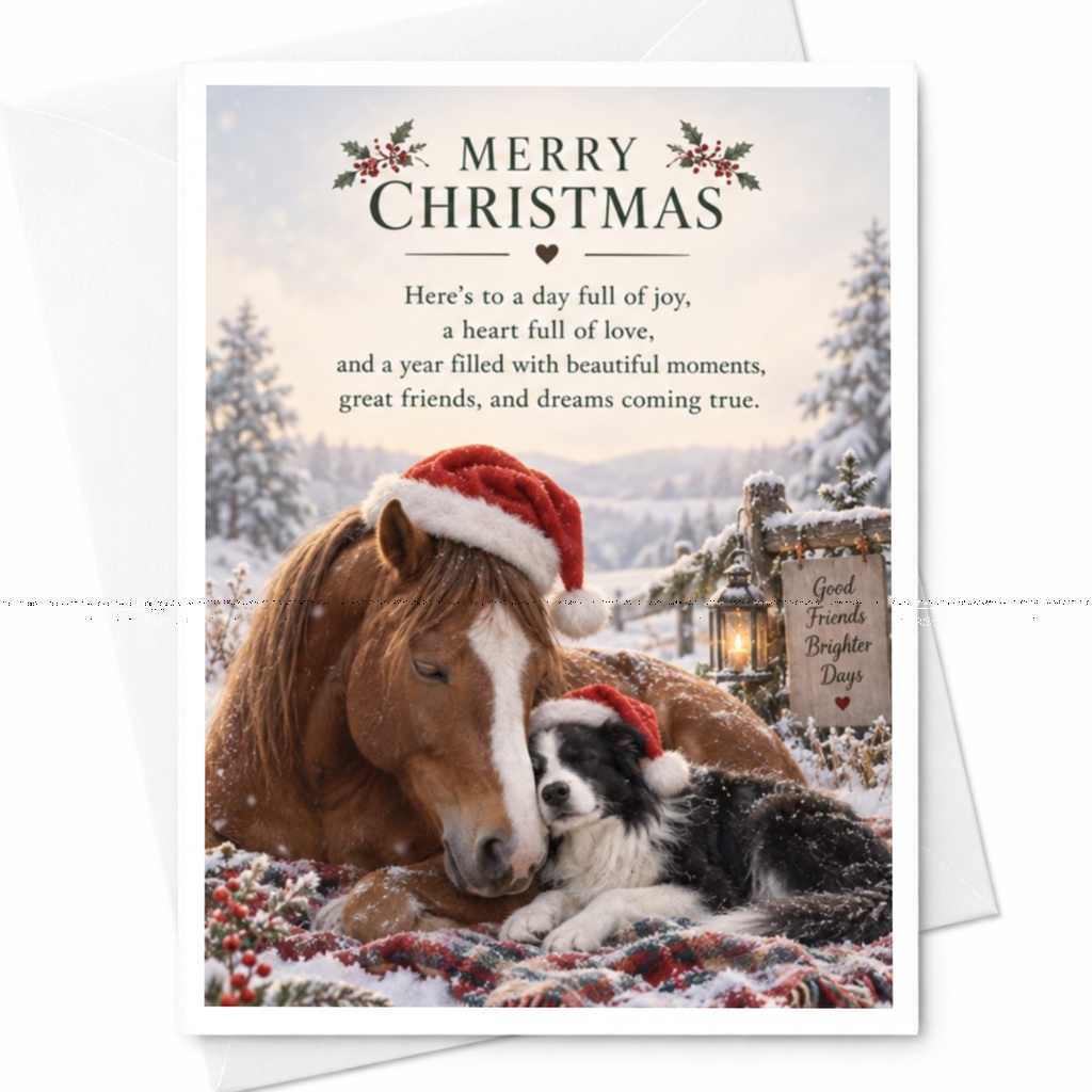 Merry Christmas Joyful Christmas Card Horse Dog Santa Hats Heartfelt Holiday Greeting Card For Friends Family Animal Lovers C8092
