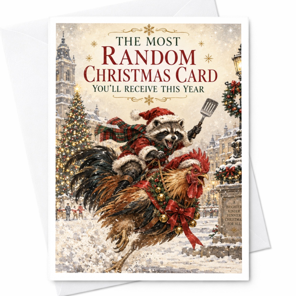 The Most Random Christmas Card You'll Receive This Year Funny Christmas Card Raccoon Riding Rooster Holiday Card C8094