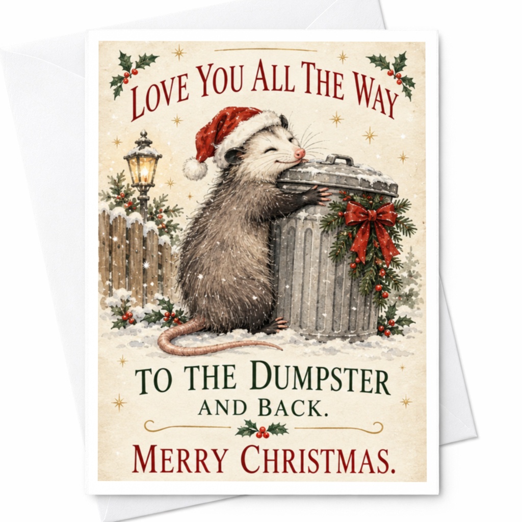 Love You All The Way To The Dumpster And Back. Merry Christmas. Funny Christmas Card Possum Santa Hat Cute Animal Holiday Card C8097