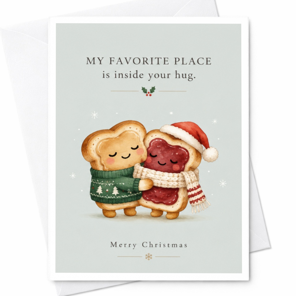 My Favorite Place Is Inside Your Hug. Merry Christmas Cute Holiday Card Adorable Bread Characters Xmas Card For Couple C8119