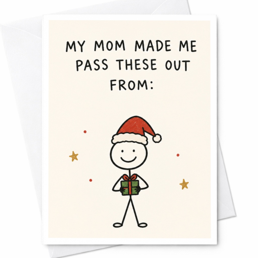 My Mom Made Me Pass These Out From: Funny Christmas Card Stick Figure Santa Hat Holiday Cute Xmas Card For Kids C8120