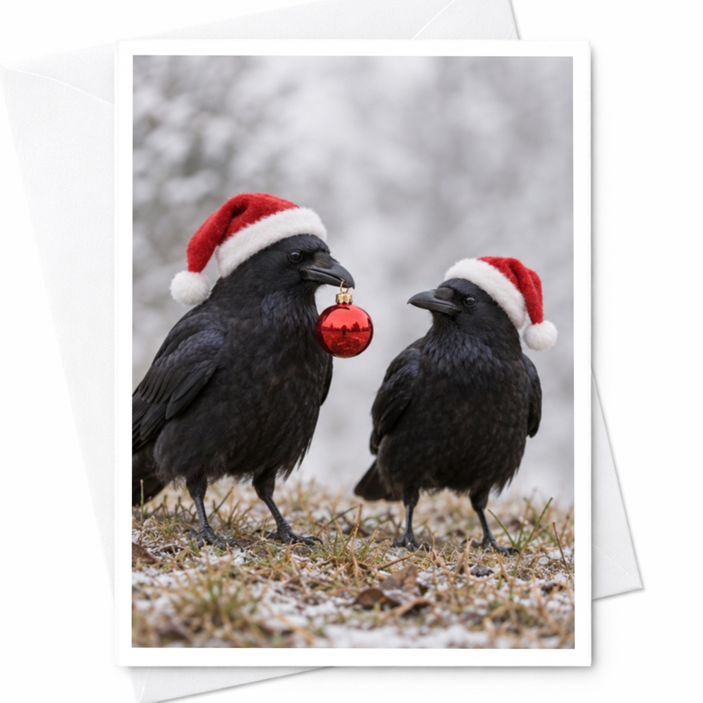 Crows With Santa Hats Christmas Card Cute Holiday Greeting Card For Bird Lover Winter Festive Card With Ornament C8124