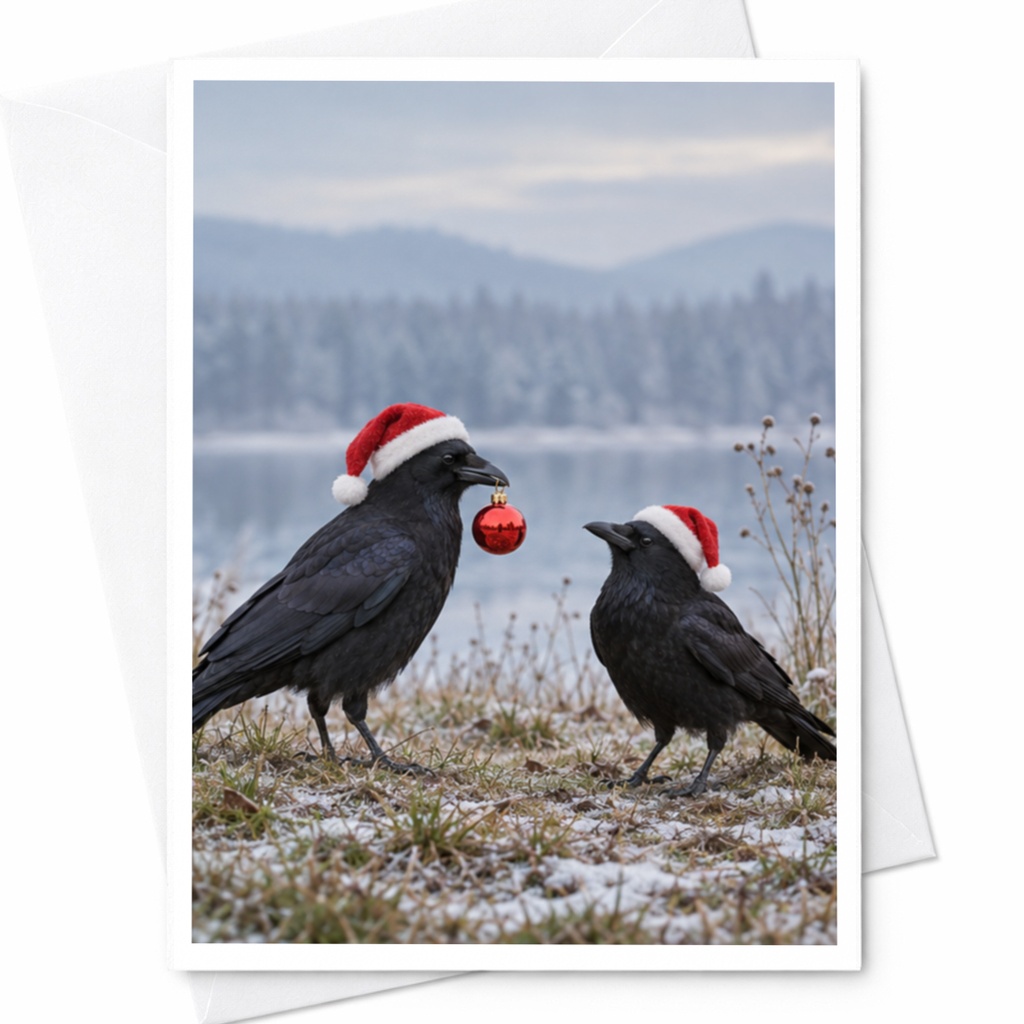 Crows With Santa Hats Christmas Card Cute Holiday Greeting Card Winter Scene For Bird Lover Festive Animal Card C8125