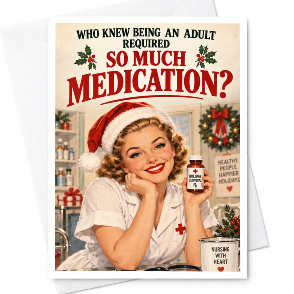 Who Knew Being An Adult Required So Much Medication? Funny Christmas Card Retro Nurse Holiday Greeting Card C8135