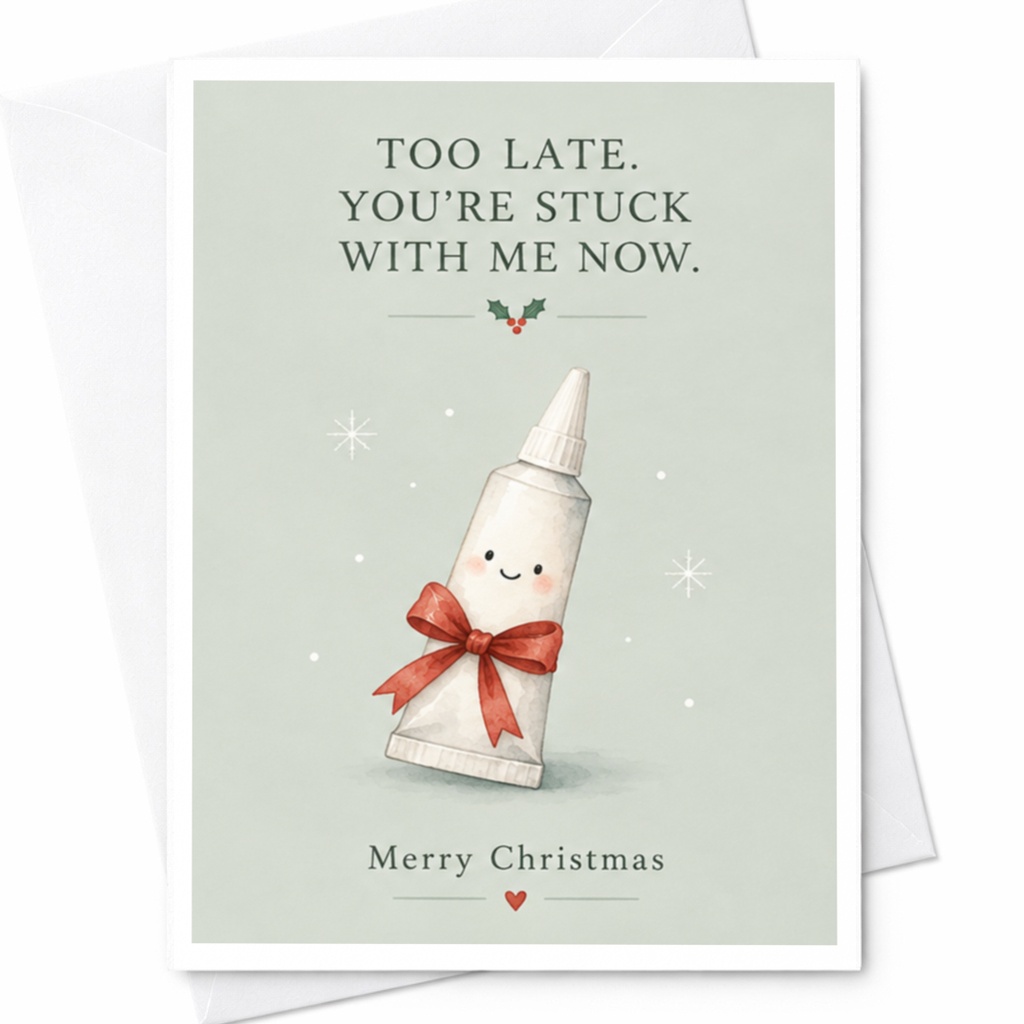 Too Late. You're Stuck With Me Now. Merry Christmas Card Cute Glue Bottle Funny Holiday Card For Partner Romantic Xmas Card C8048