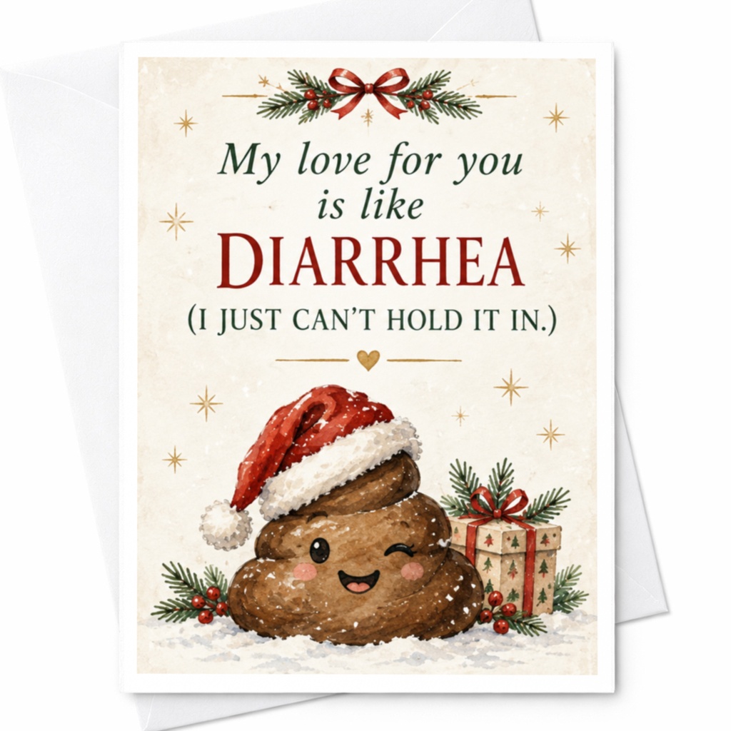 My Love For You Is Like Diarrhea Funny Christmas Card Cute Poop Emoji Santa Hat Holiday Card For Him Her C8052