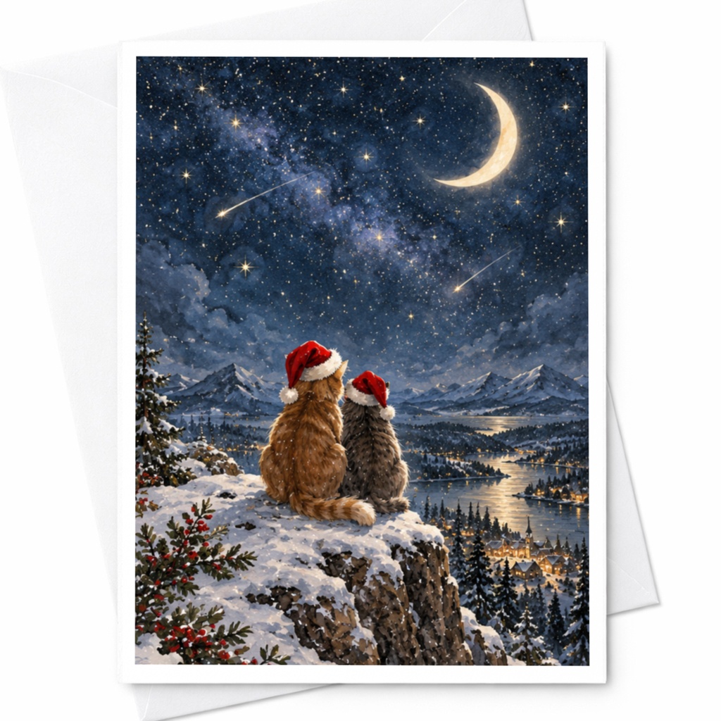 Christmas Card Cats In Santa Hats Under Starry Sky Holiday Greeting Card For Cat Lover Cute Winter Scene Festive Animal Card C8053