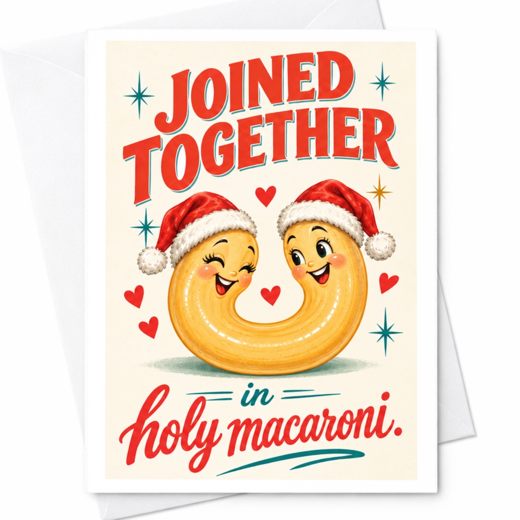 Joined Together In Holy Macaroni Wedding Card Cute Macaroni Couple Christmas Santa Hats Funny Marriage Congratulations C8077