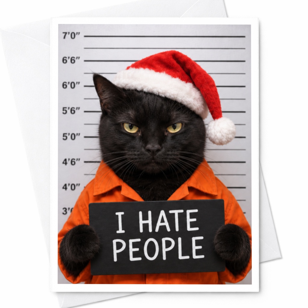 I Hate People Funny Christmas Card Cat In Santa Hat Holiday Greeting Card For Cat Lovers Sarcastic Xmas Card C8081