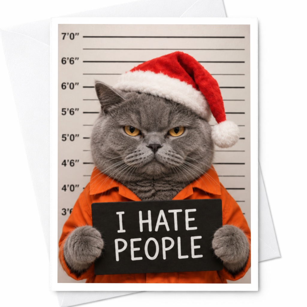 I Hate People Funny Christmas Card Cat In Santa Hat Holiday Greeting Card For Cat Lovers Cute Animal Card C8082