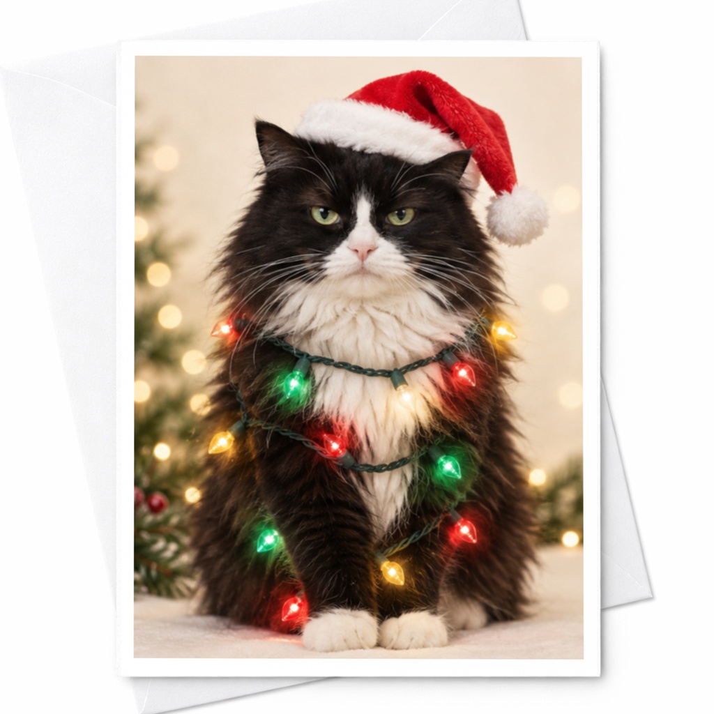Cat Christmas Card Cute Holiday Greeting Card Santa Hat Lights For Cat Lover Funny Festive Card Animal Lover Xmas Card C8087