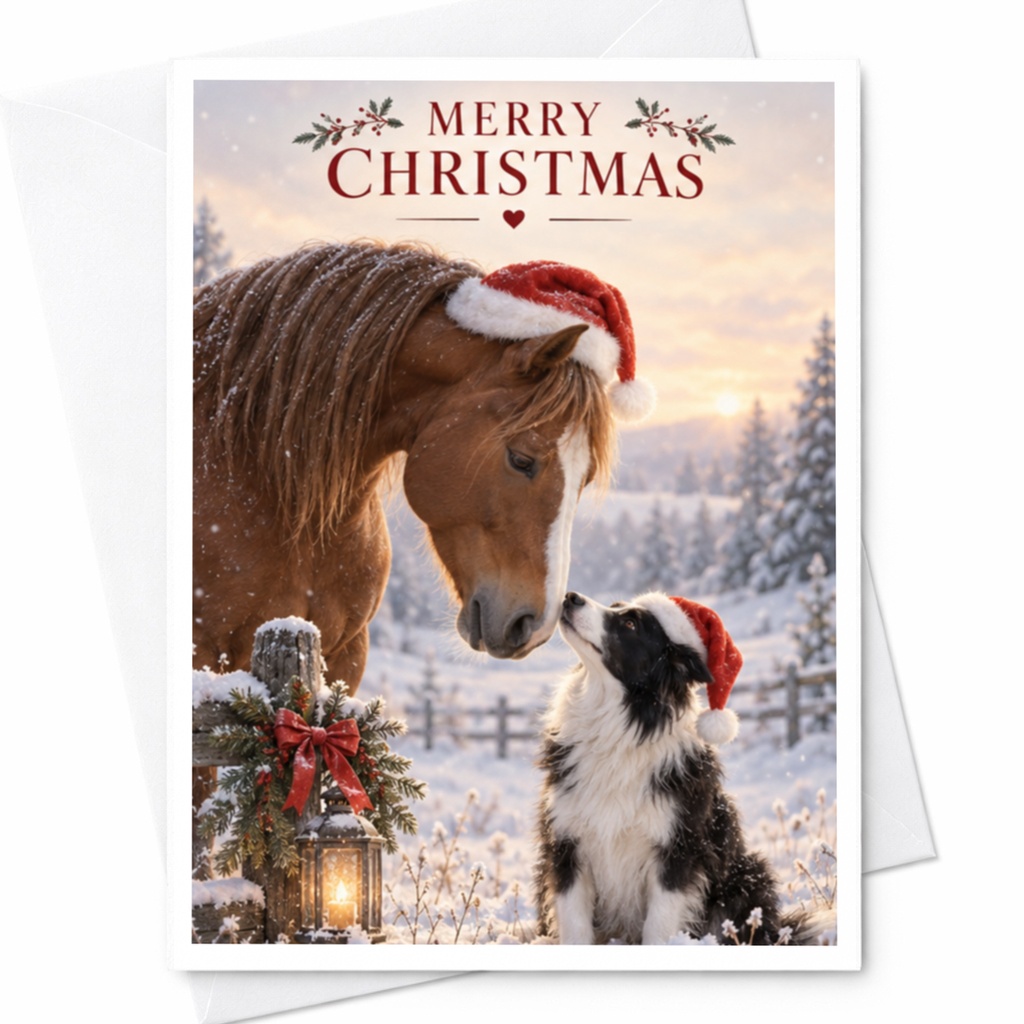 Merry Christmas Card Horse And Dog In Santa Hats Cute Holiday Greeting Card Animal Lover Winter Scene Festive Card C8091