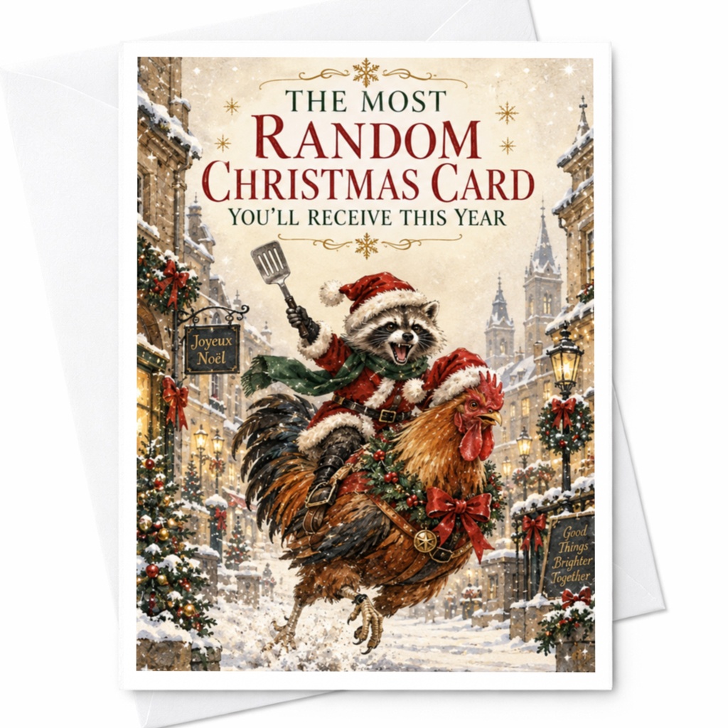 The Most Random Christmas Card You'll Receive This Year Funny Christmas Card Raccoon Riding Rooster Festive Holiday C8093