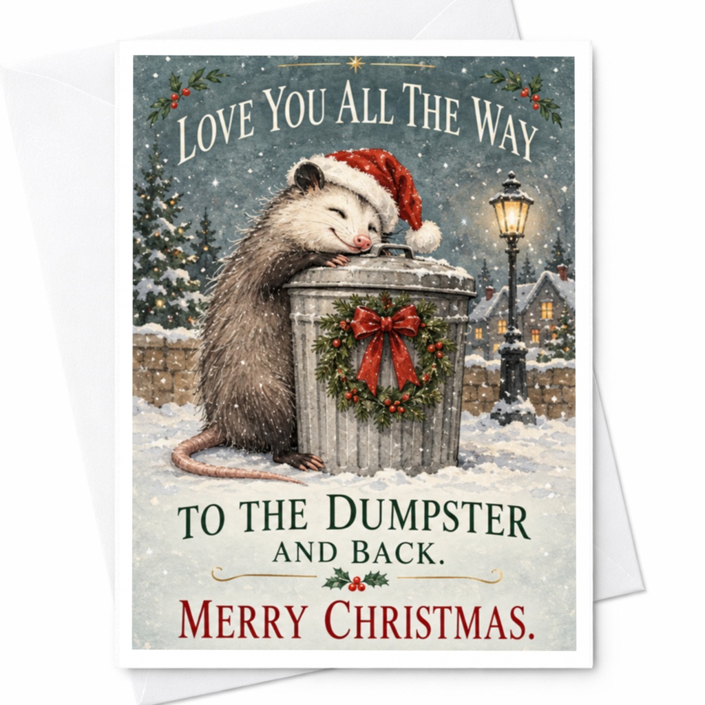 Love You All The Way To The Dumpster And Back. Merry Christmas. Funny Christmas Card Cute Possum Holiday Card For Animal Lover C8098