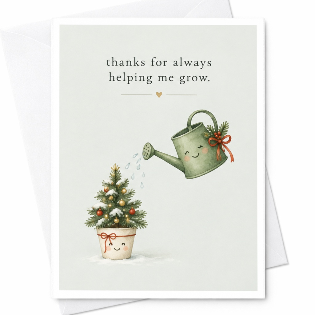 Thanks For Always Helping Me Grow. Cute Thank You Card Watering Can Plant Illustration Appreciation Card For Mentor Teacher C8100