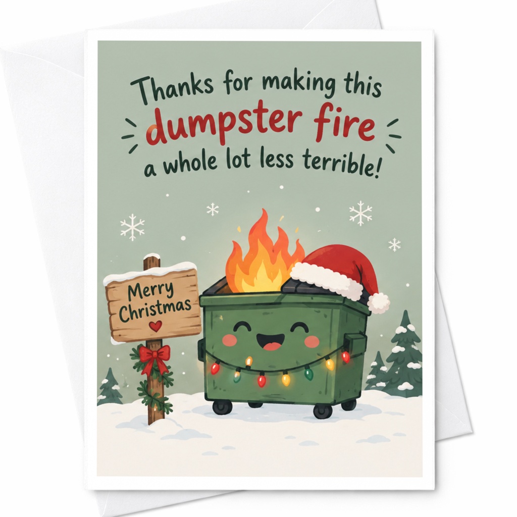 Thanks For Making This Dumpster Fire A Whole Lot Less Terrible! Funny Christmas Card Holiday Cute Festive Greeting Card C8102