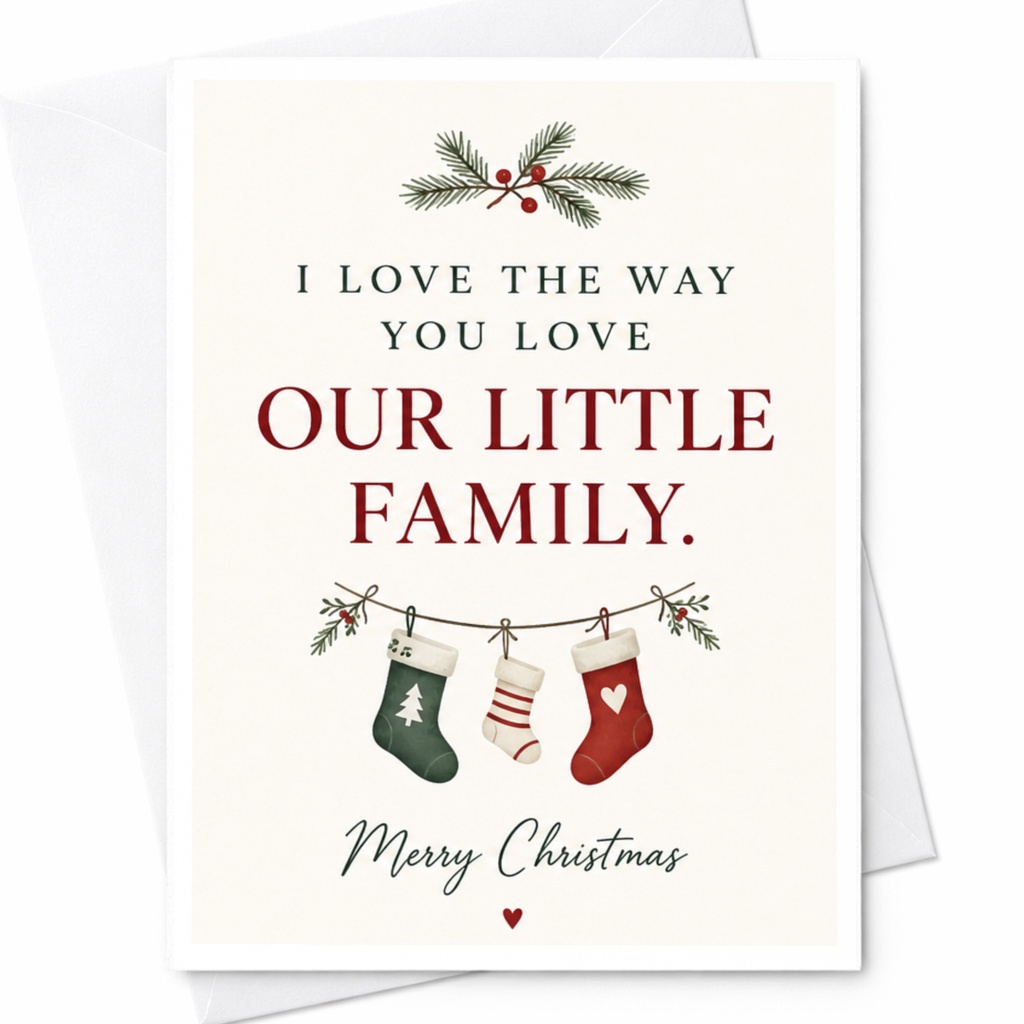 I Love The Way You Love Our Little Family. Merry Christmas Card Cute Family Holiday Greeting Card Festive Stockings C8110