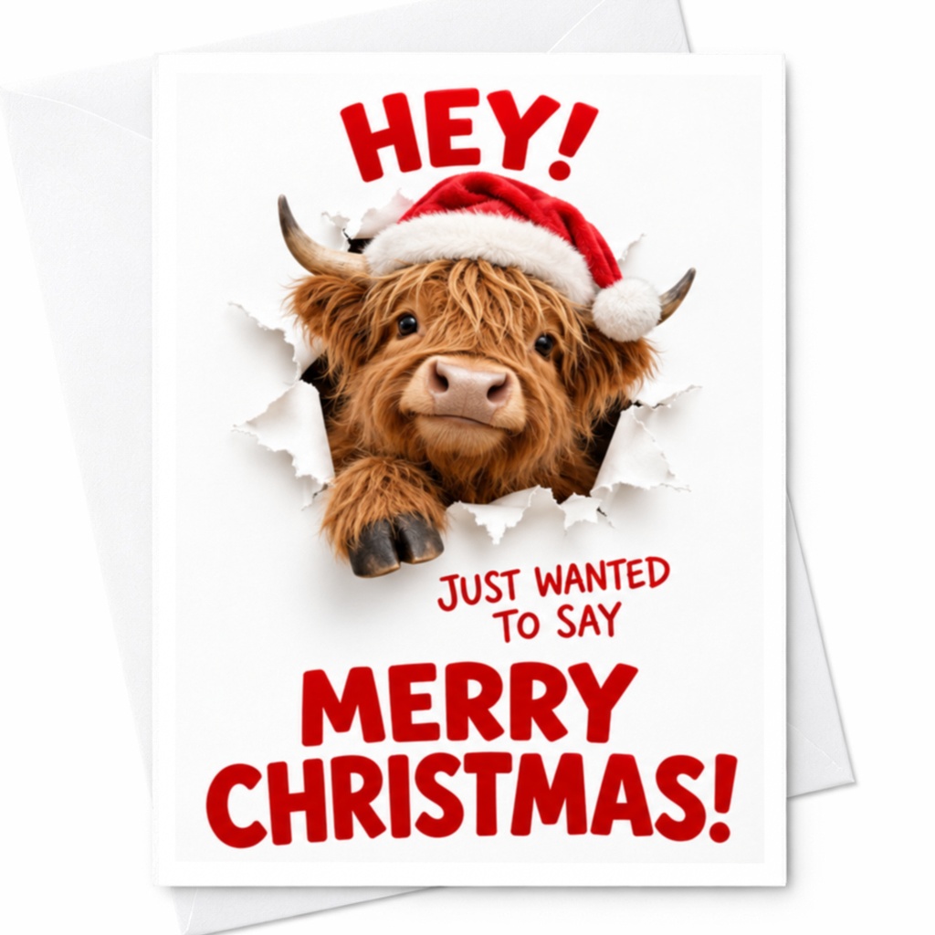 Hey! Just Wanted To Say Merry Christmas! Funny Christmas Card Cute Cow With Santa Hat Holiday Greeting Card For Animal Lovers C8116