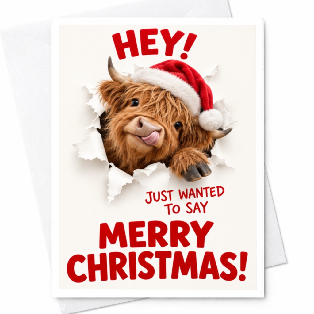 Hey! Just Wanted To Say Merry Christmas! Funny Christmas Card Highland Cow Santa Hat Cute Holiday Greeting Card For Animal Lover C8117