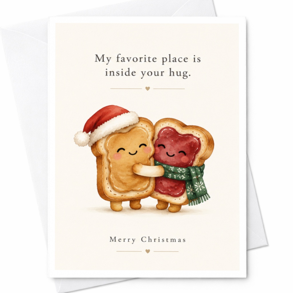 My Favorite Place Is Inside Your Hug Merry Christmas Card Cute Toast Characters Holiday Greeting Card For Couple Sweet C8118