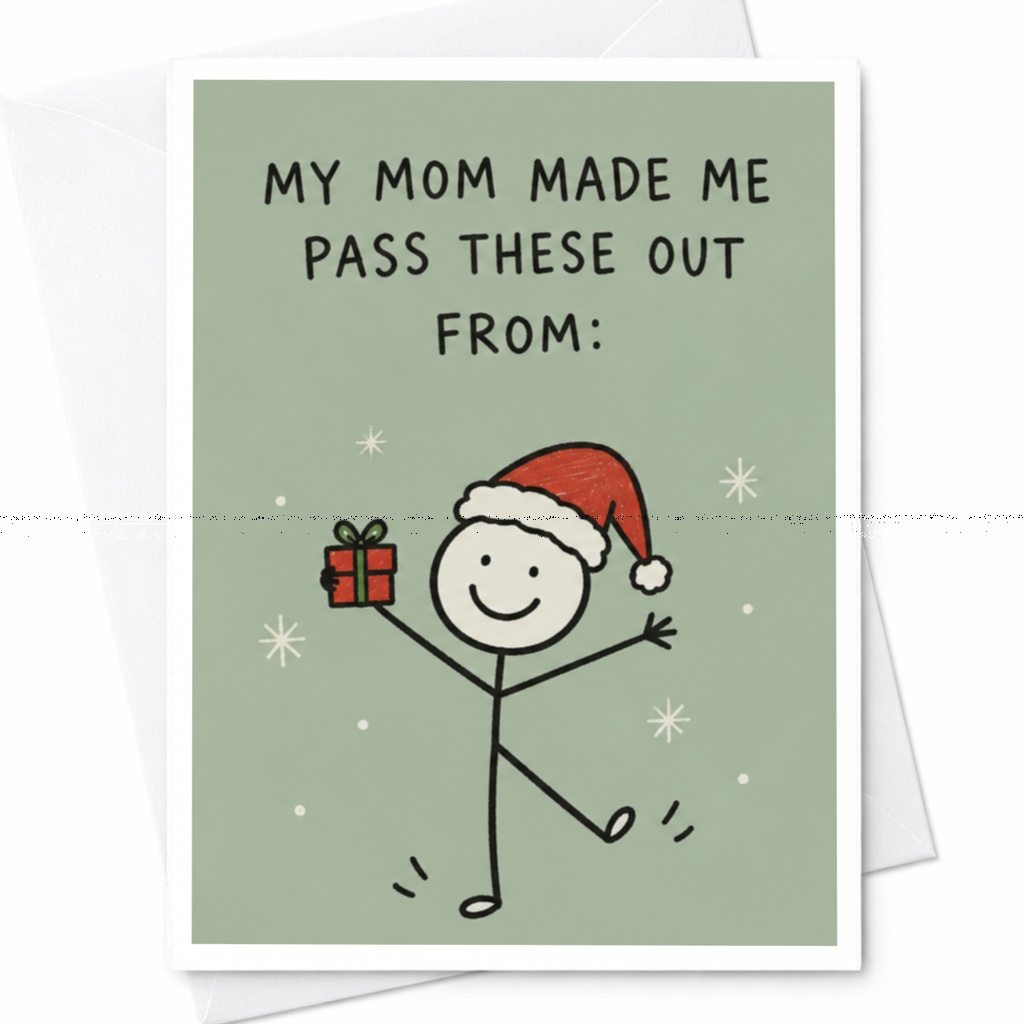 My Mom Made Me Pass These Out From: Funny Christmas Card Stick Figure Santa Hat Cute Holiday Card For Kids Family C8121