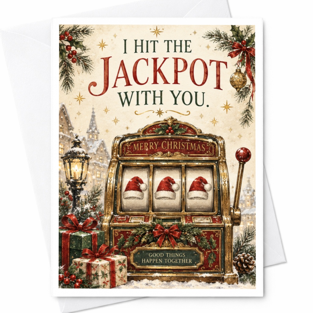 I Hit The Jackpot With You Christmas Card Slot Machine Theme Holiday Greeting Card For Couple Romantic Festive Card C8128