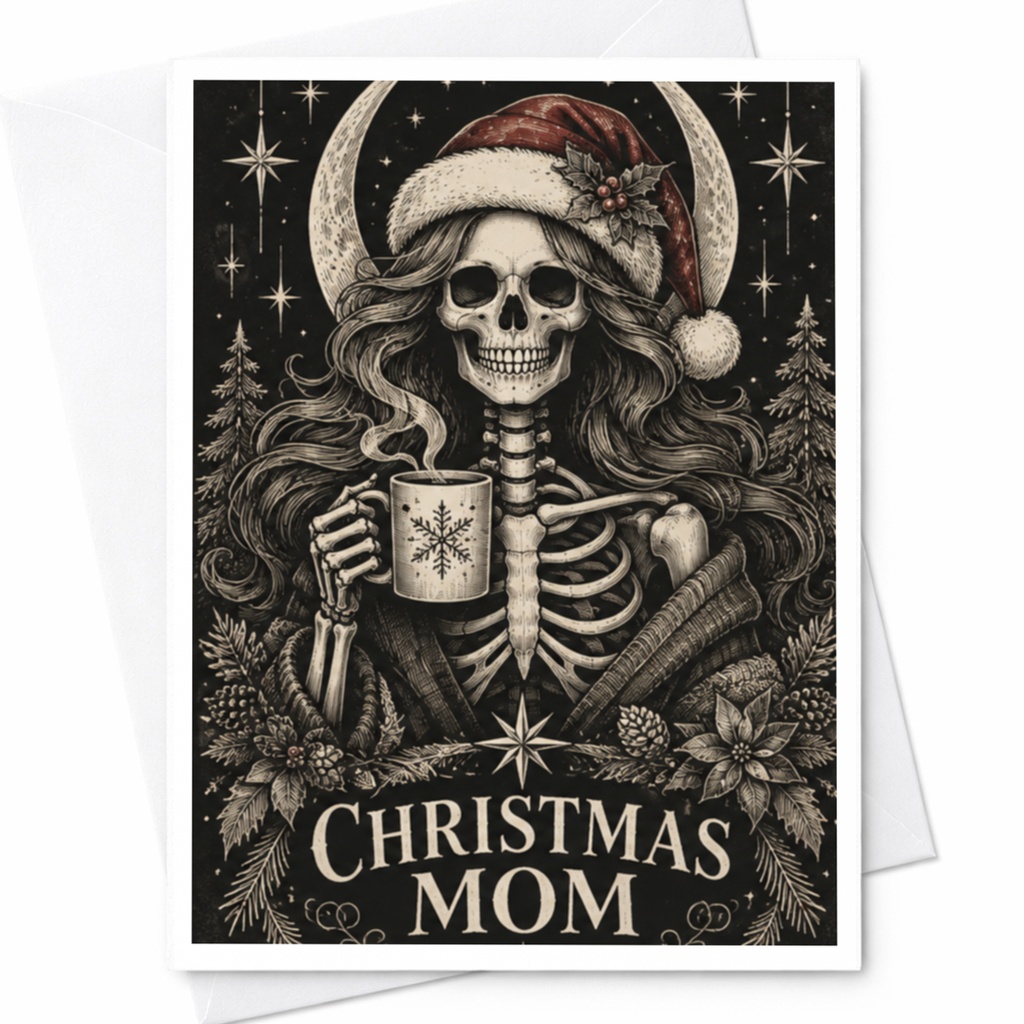 Christmas Mom Skeleton Christmas Card For Mom Gothic Holiday Card Santa Hat Mug Festive Greeting Card Unique Xmas Card C8133