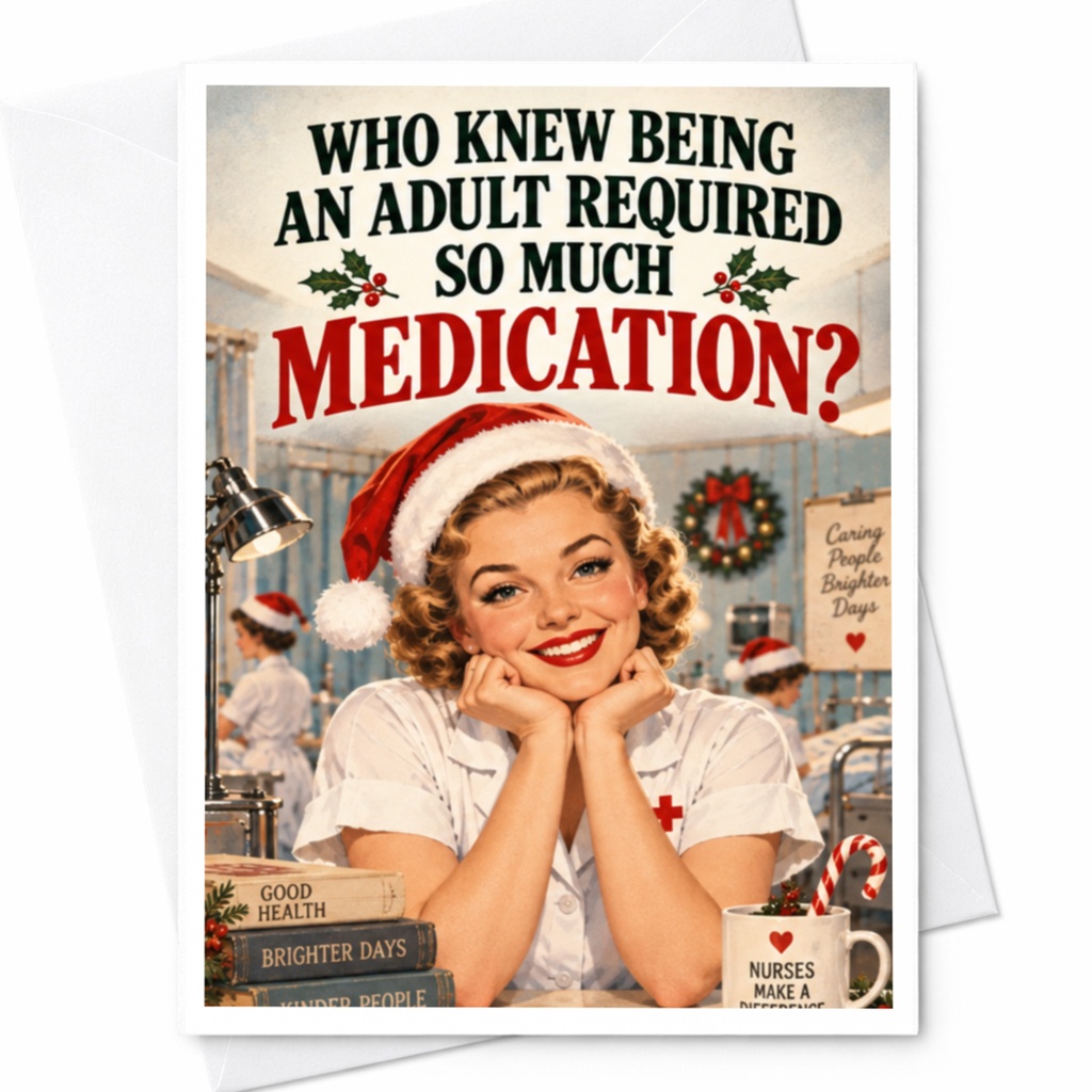 Who Knew Being An Adult Required So Much Medication? Funny Christmas Card Retro Nurse Holiday Greeting Card For Friend C8134