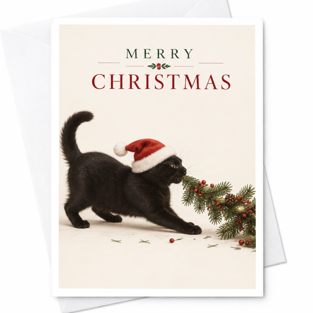 Merry Christmas Cute Cat Christmas Card Black Cat With Santa Hat Holiday Greeting Card For Cat Lover Festive Animal Card C8136