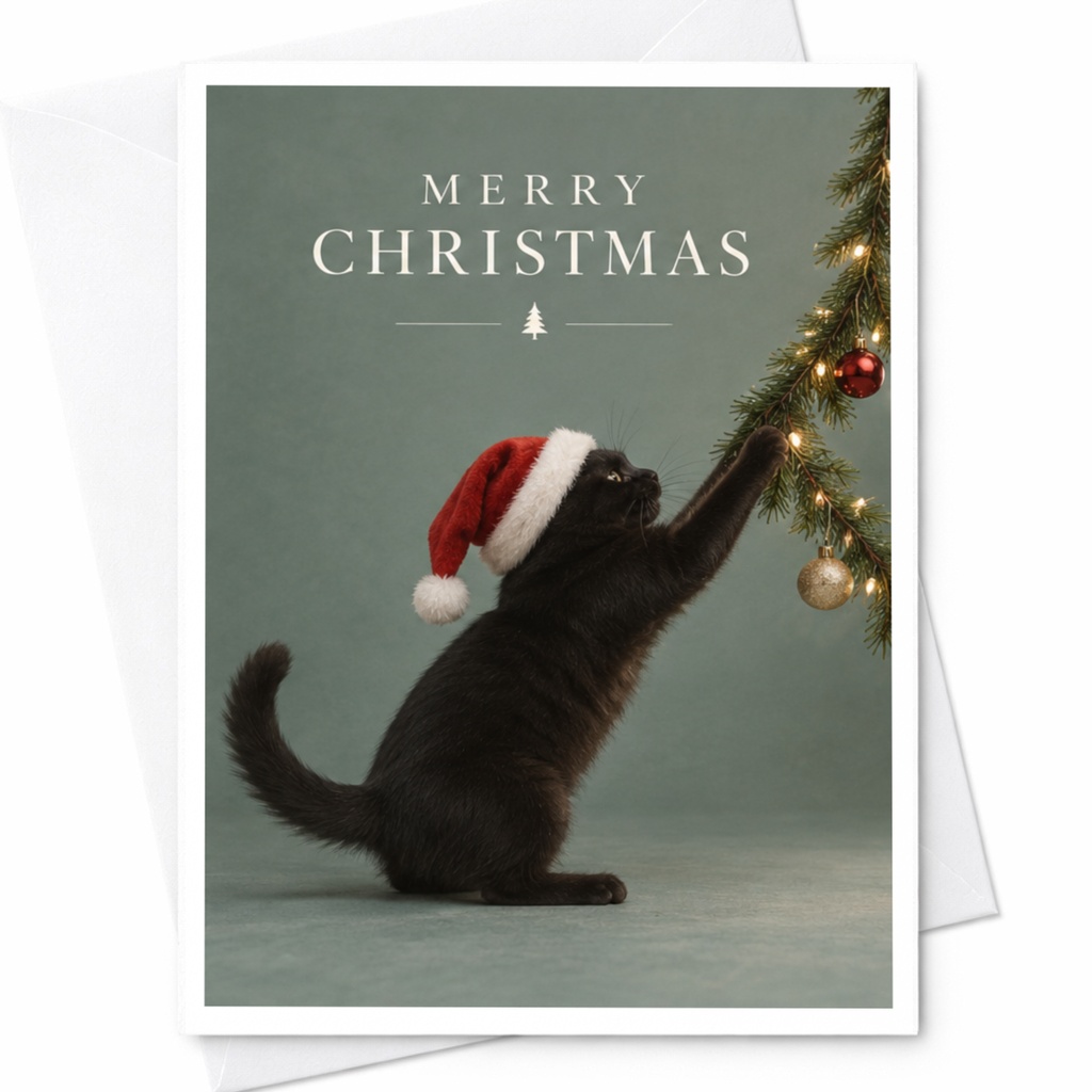 Merry Christmas Cat With Santa Hat Christmas Card Cute Holiday Greeting Card For Cat Lover Festive Xmas Card Animal Lover C8137