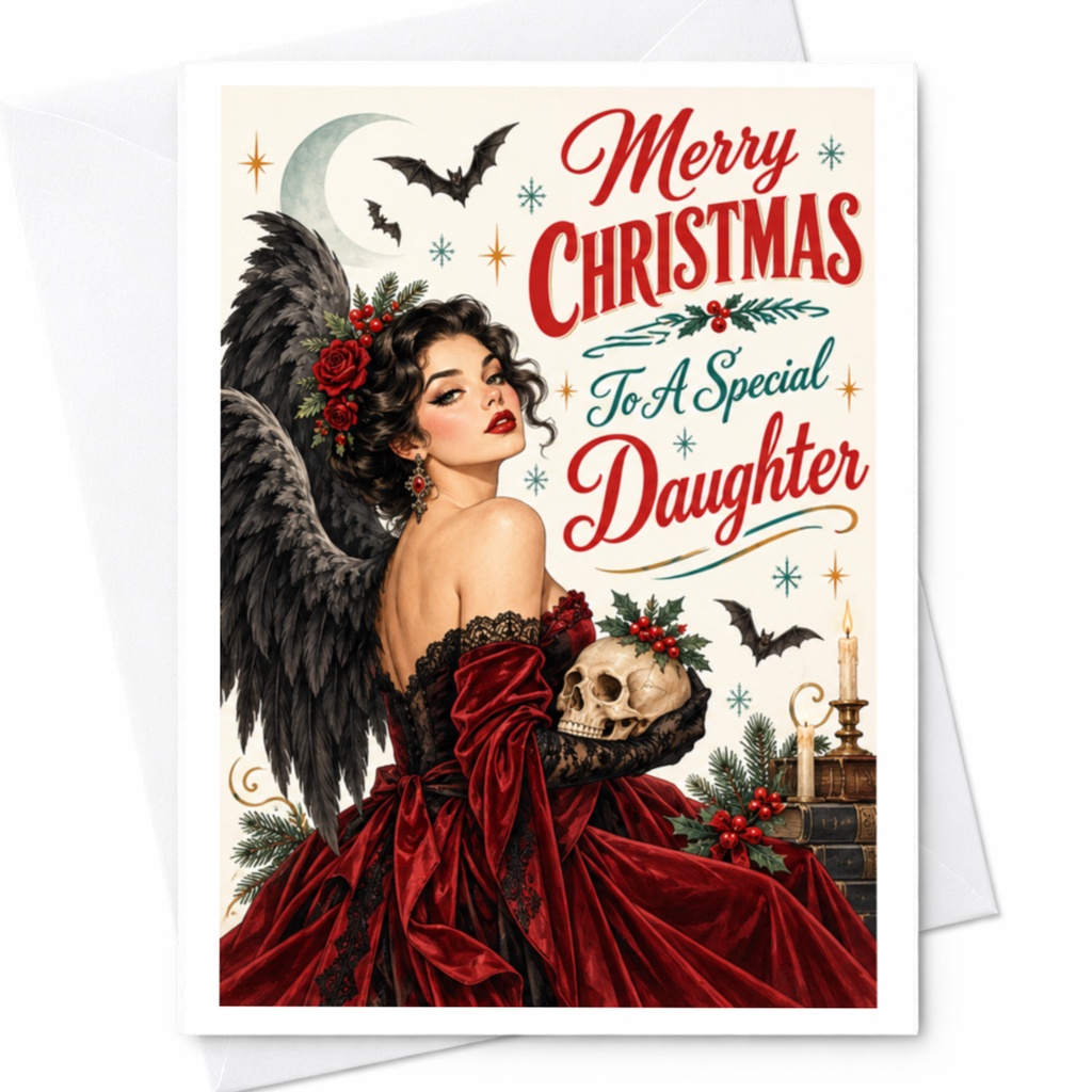 Merry Christmas To A Special Daughter Gothic Christmas Card Angel With Wings Skull Holiday Card For Daughter Unique C8139