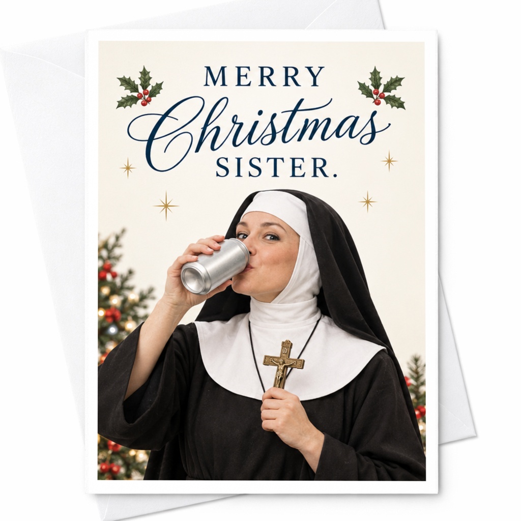 Merry Christmas Sister. Funny Christmas Card Nun Drinking Holiday Card For Sister Cute Xmas Greeting Card C8140