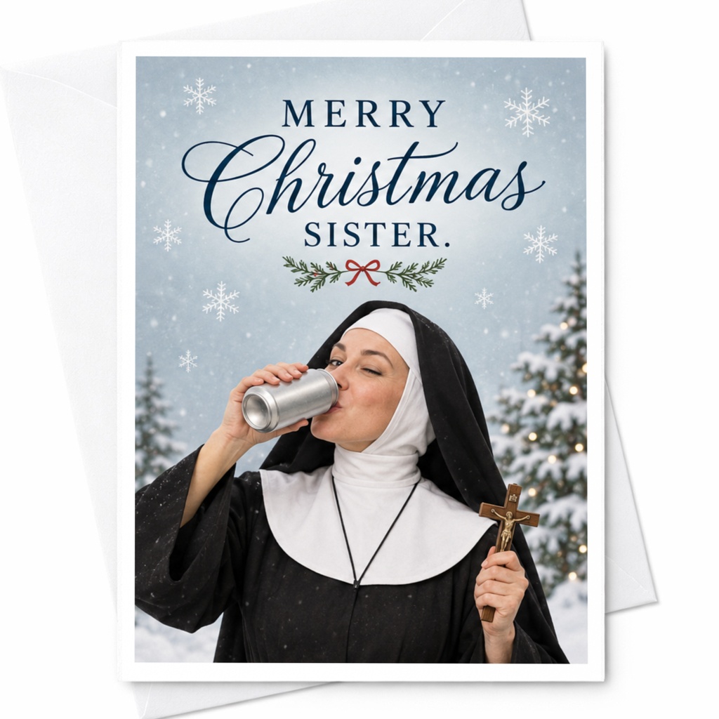 Merry Christmas Sister Funny Christmas Card Nun With Drink Holiday Greeting Card For Sister Xmas Card C8141