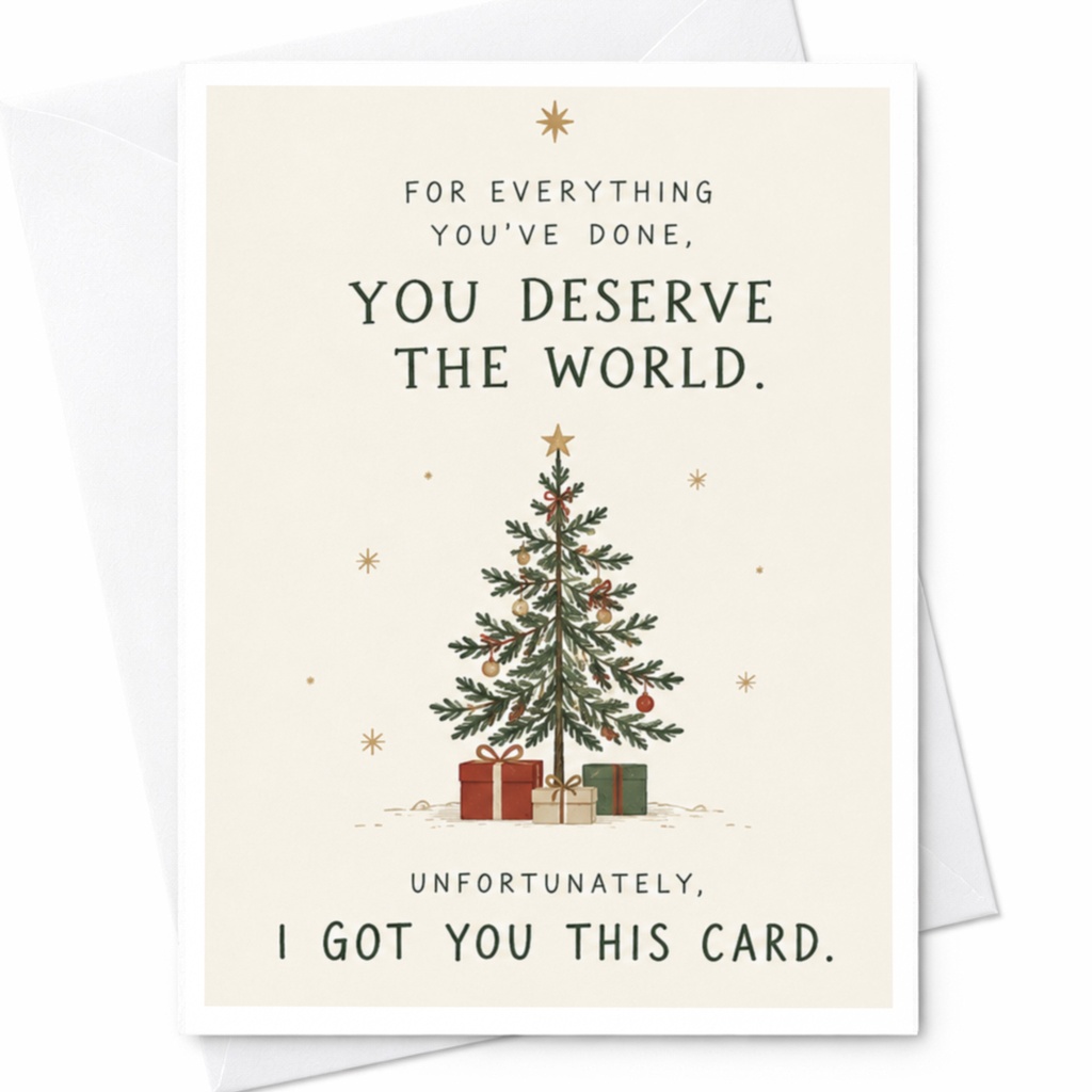 For Everything You've Done, You Deserve The World. Unfortunately, I Got You This Card. Funny Christmas Card Holiday C8148