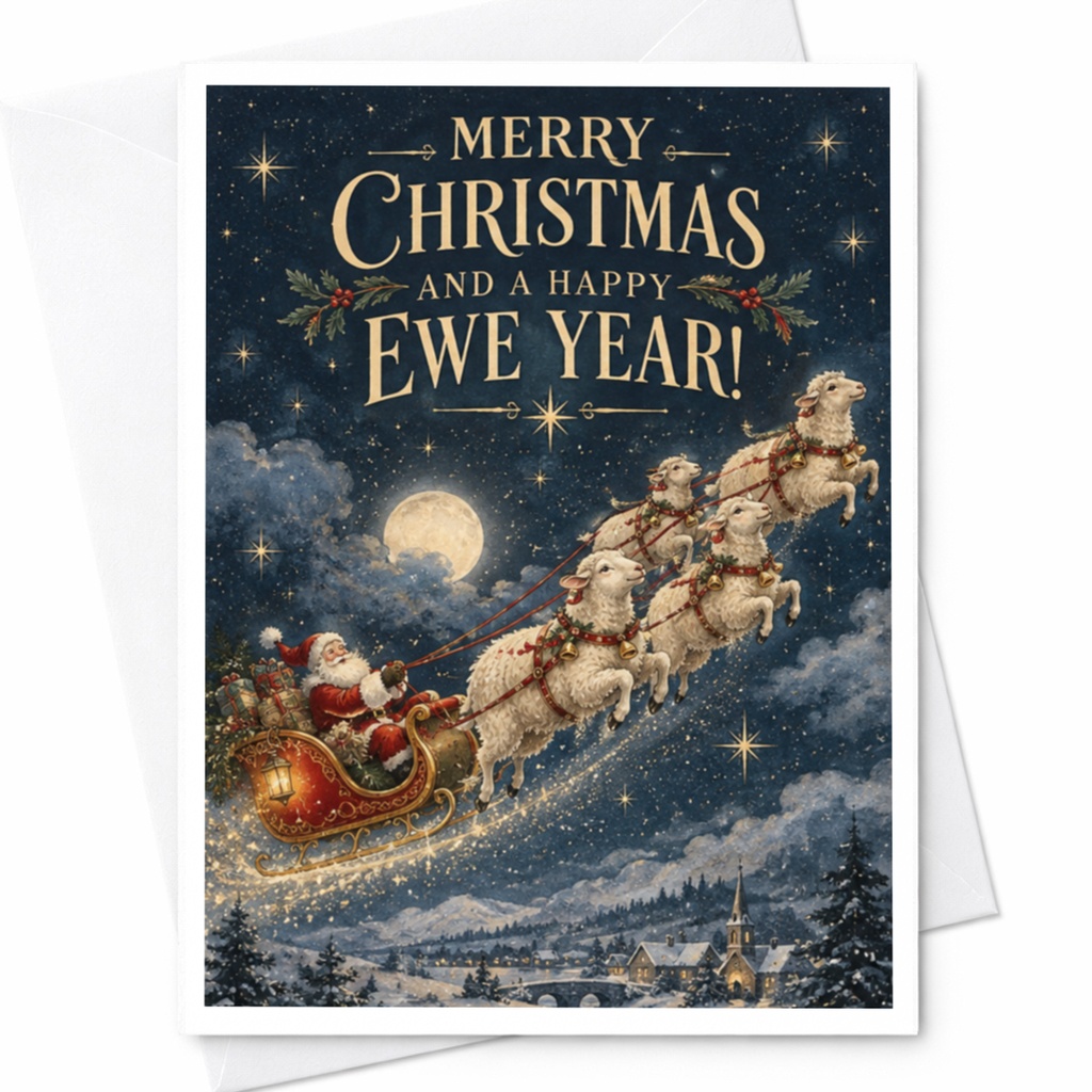 Merry Christmas And A Happy Ewe Year! Funny Christmas Card Santa Sheep Sleigh Holiday Greeting Card For Family Friends C8154