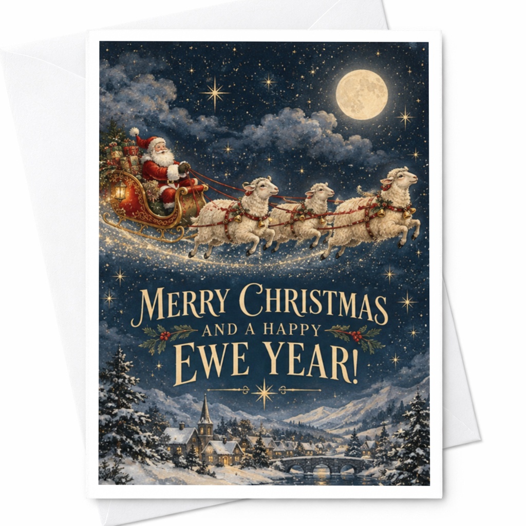 Merry Christmas And A Happy Ewe Year! Funny Christmas Card Santa Sheep Sleigh Holiday Greeting Card For Family Friends C8155