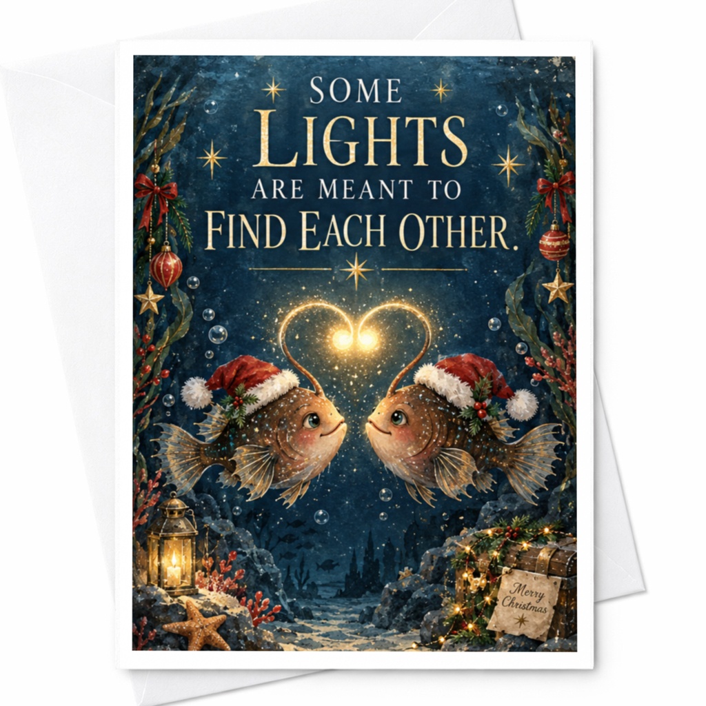 Some Lights Are Meant To Find Each Other Christmas Card Cute Fish Illustration Holiday Greeting Card For Couple Romantic C8156