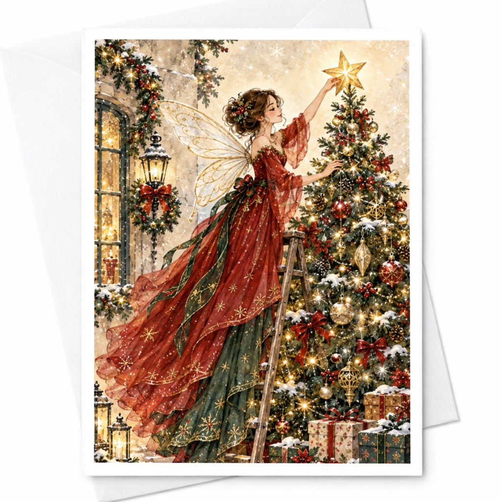 Fairy Decorating Christmas Tree Card Holiday Greeting Card Festive Christmas Card For Her Magical Winter Scene C8157