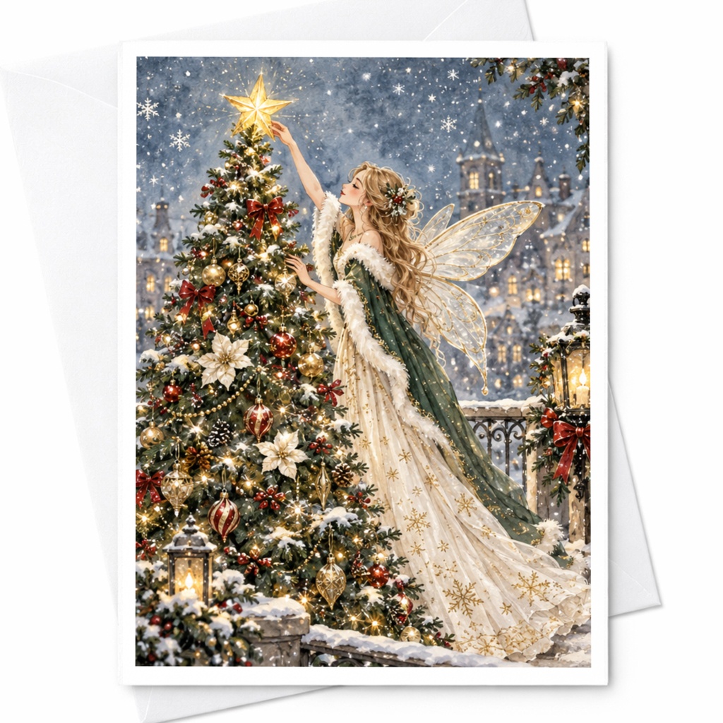 Fairy Decorating Christmas Tree Card Enchanting Holiday Greeting Card Winter Wonderland Art For Her Magical Christmas Card C8158