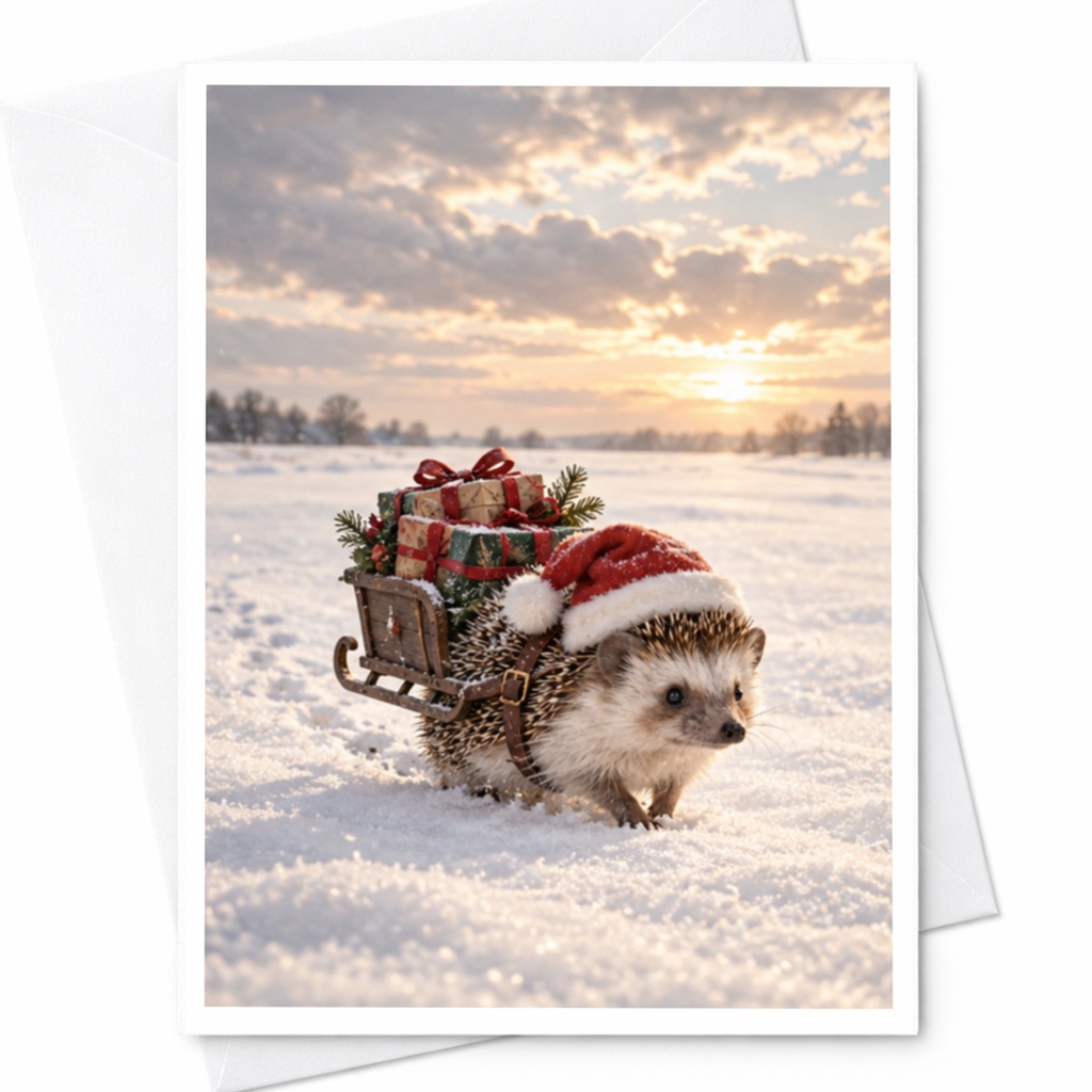 Hedgehog Christmas Card Cute Animal Holiday Greeting Card Santa Hat Winter Scene For Animal Lover Festive Season Card C8167