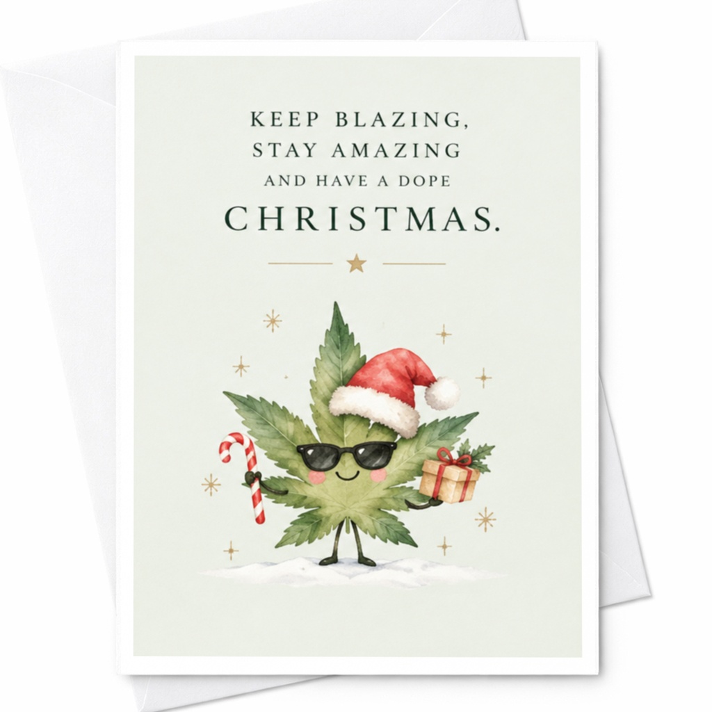 Keep Blazing, Stay Amazing And Have A Dope Christmas Funny Christmas Card Cannabis Leaf Santa Hat Holiday Greeting Card C8170
