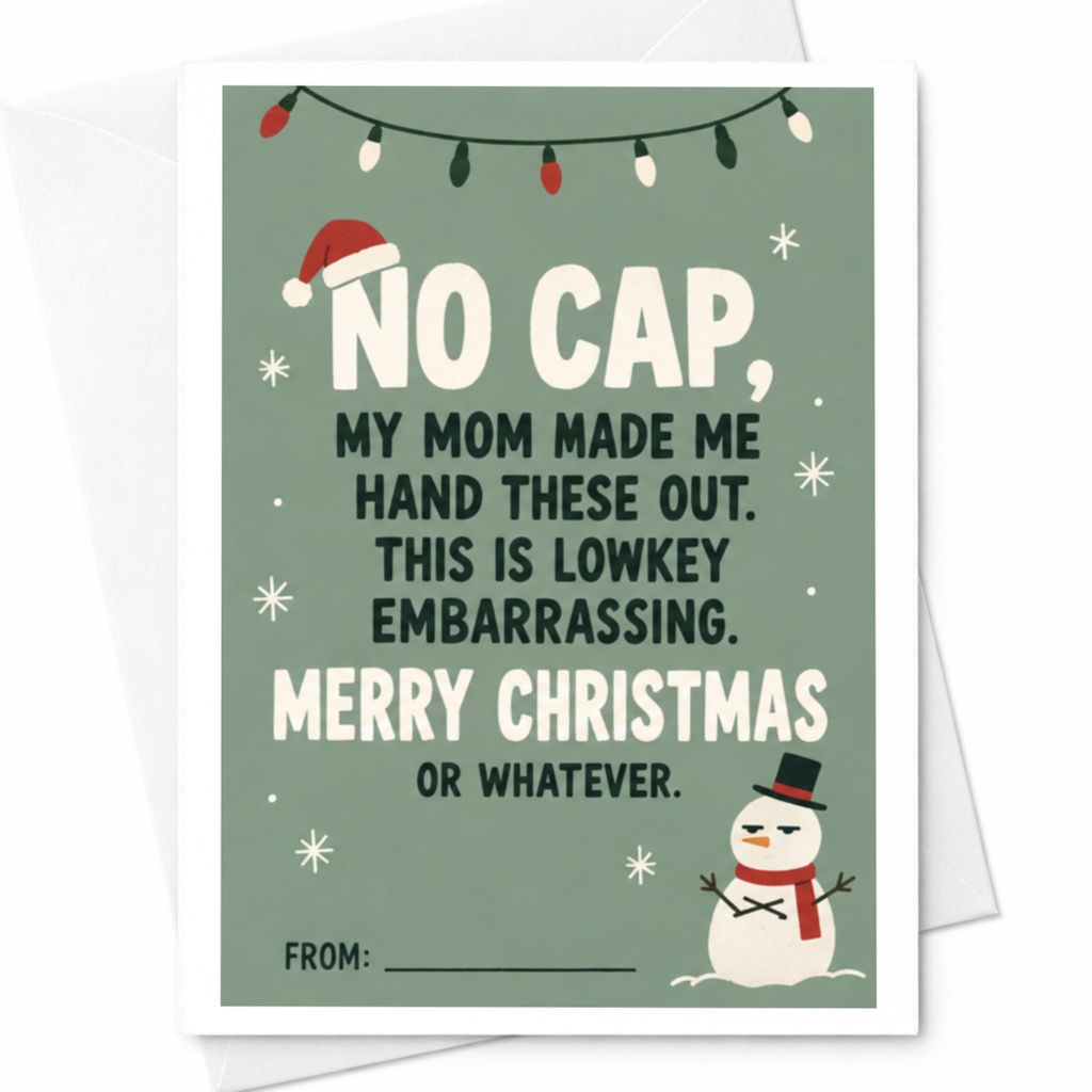 No Cap, My Mom Made Me Hand These Out. This Is Lowkey Embarrassing. Merry Christmas Or Whatever. Funny Christmas Card For Teens Hu C8176