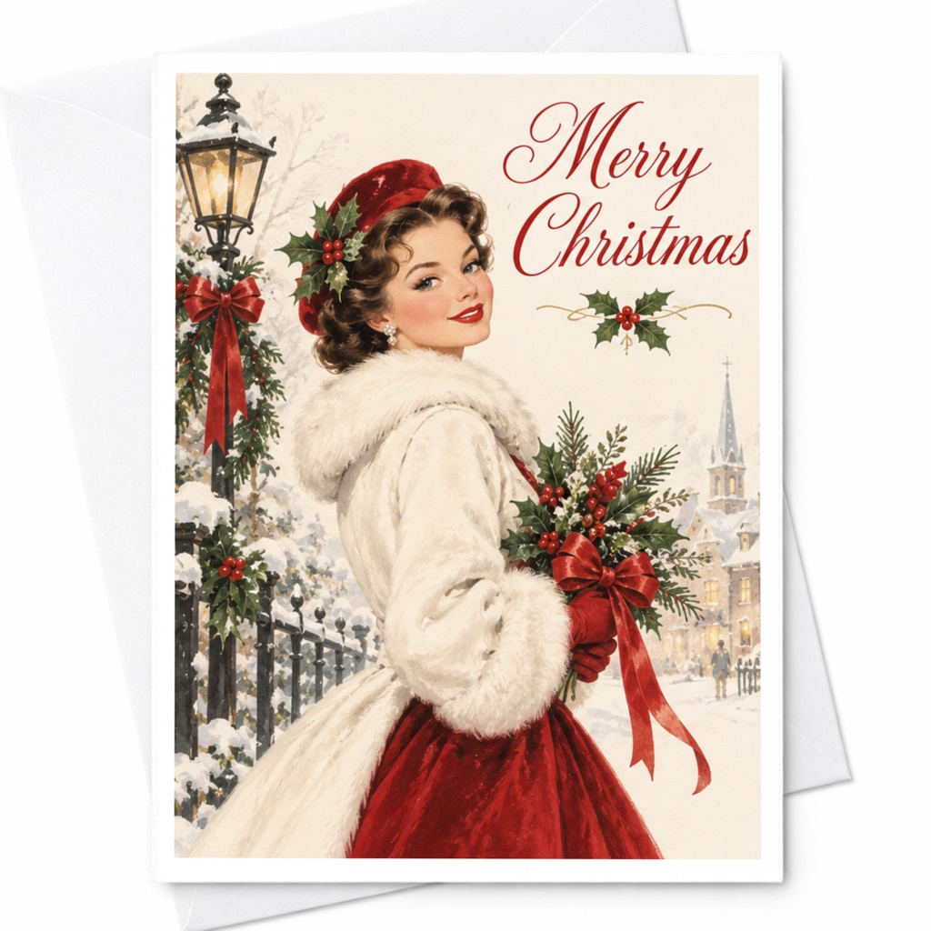 Merry Christmas Vintage Christmas Card Elegant Holiday Greeting Card Winter Scene For Her Classic Festive Card C8181
