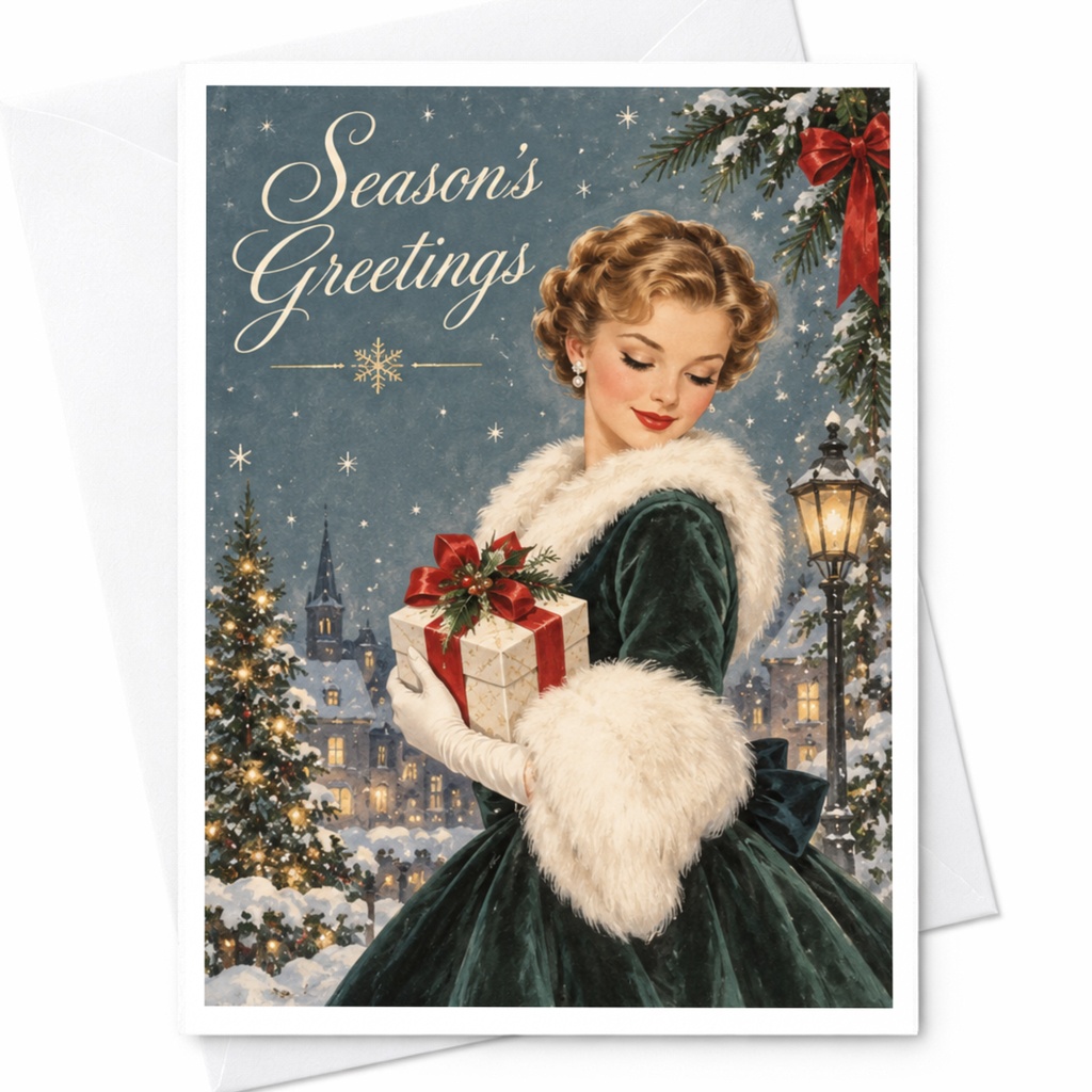 Season's Greetings Vintage Christmas Card Elegant Holiday Card Retro Style Festive Greeting Card For Her Winter Scene C8182
