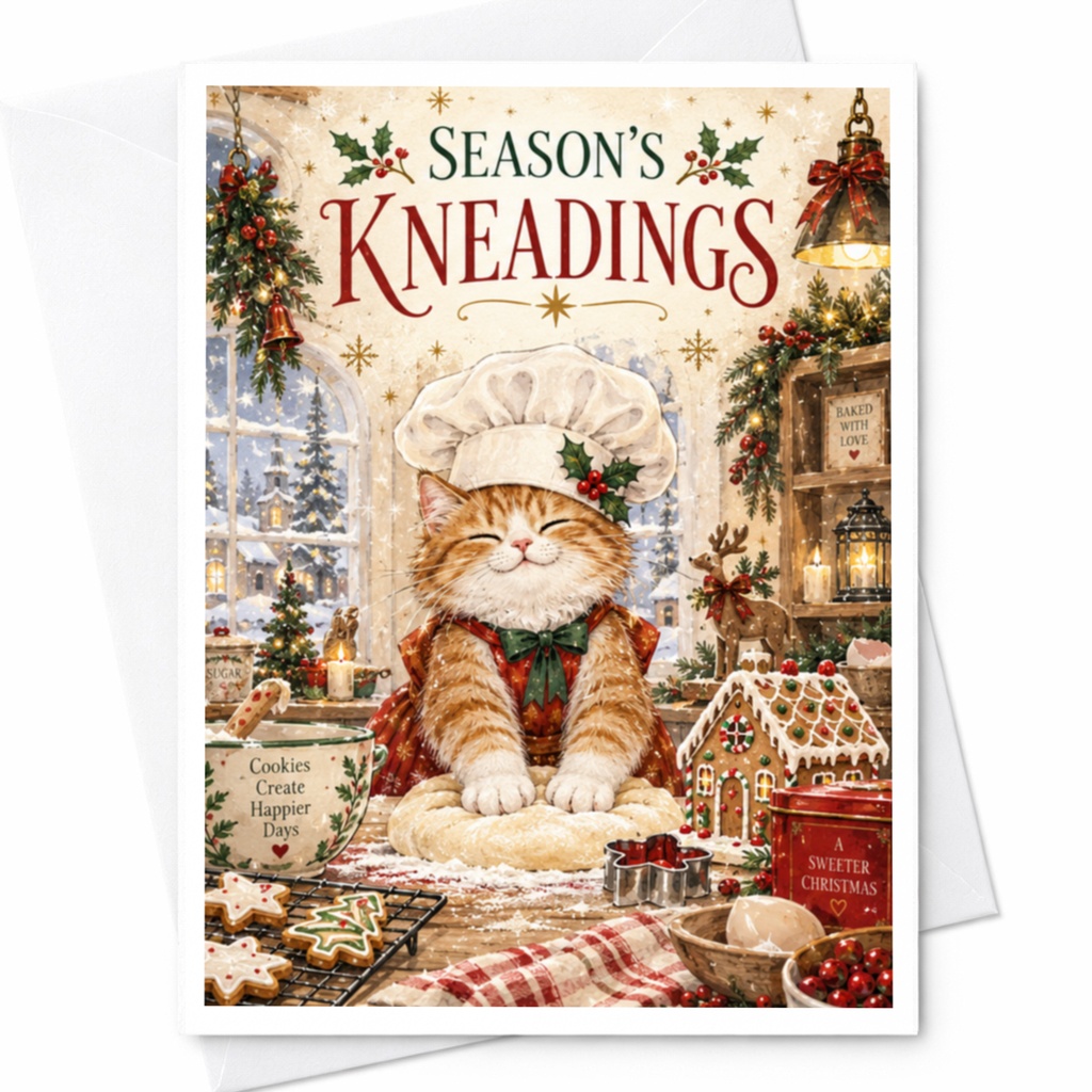 Season's Kneadings Christmas Card Cute Cat Baking Holiday Greeting Card Festive Animal Lover Card Winter Scene C8190