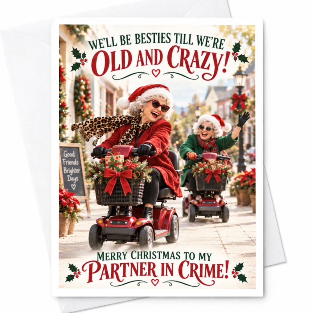 We'll Be Besties Till We're Old And Crazy! Christmas Card Partner In Crime Funny Holiday Card For Best Friend Cute Festive Greetin C8193