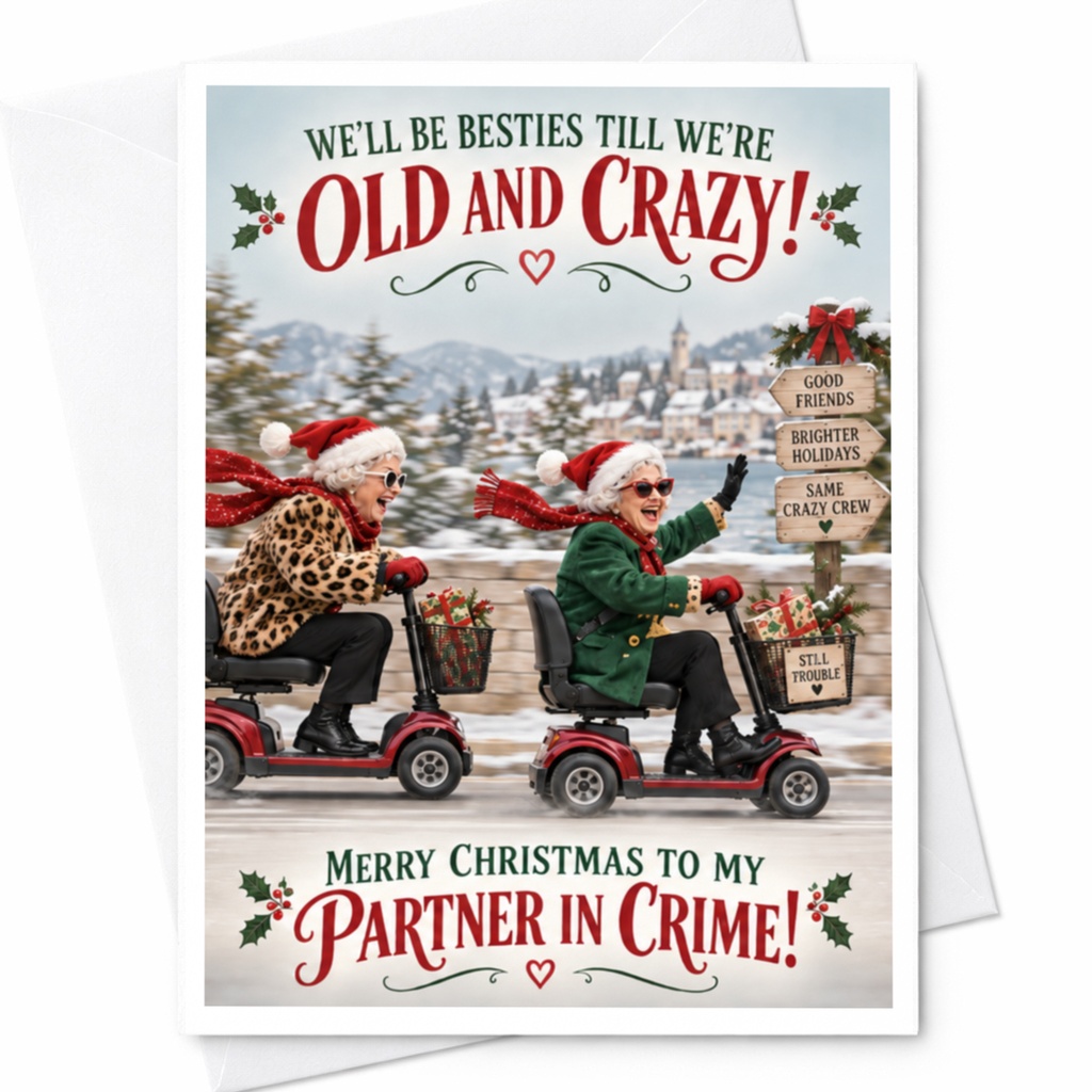 Merry Christmas To My Partner In Crime! Funny Christmas Card Best Friend Holiday Greeting Card Old And Crazy C8194
