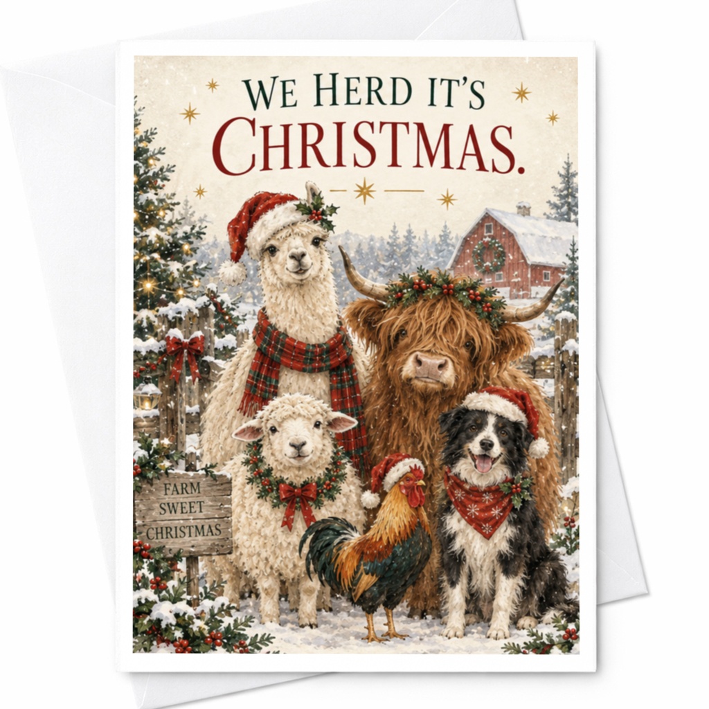 We Herd It's Christmas Funny Christmas Card Farm Animals Holiday Greeting Card Cute Festive Card For Animal Lover C8201
